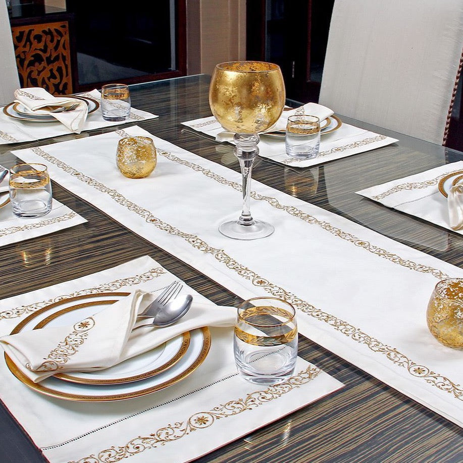 Golden Swirls White Table Runner