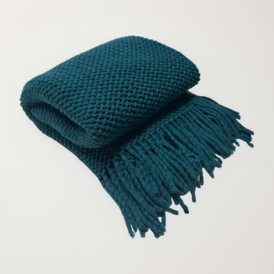 KNITTED MESH THROW TEAL