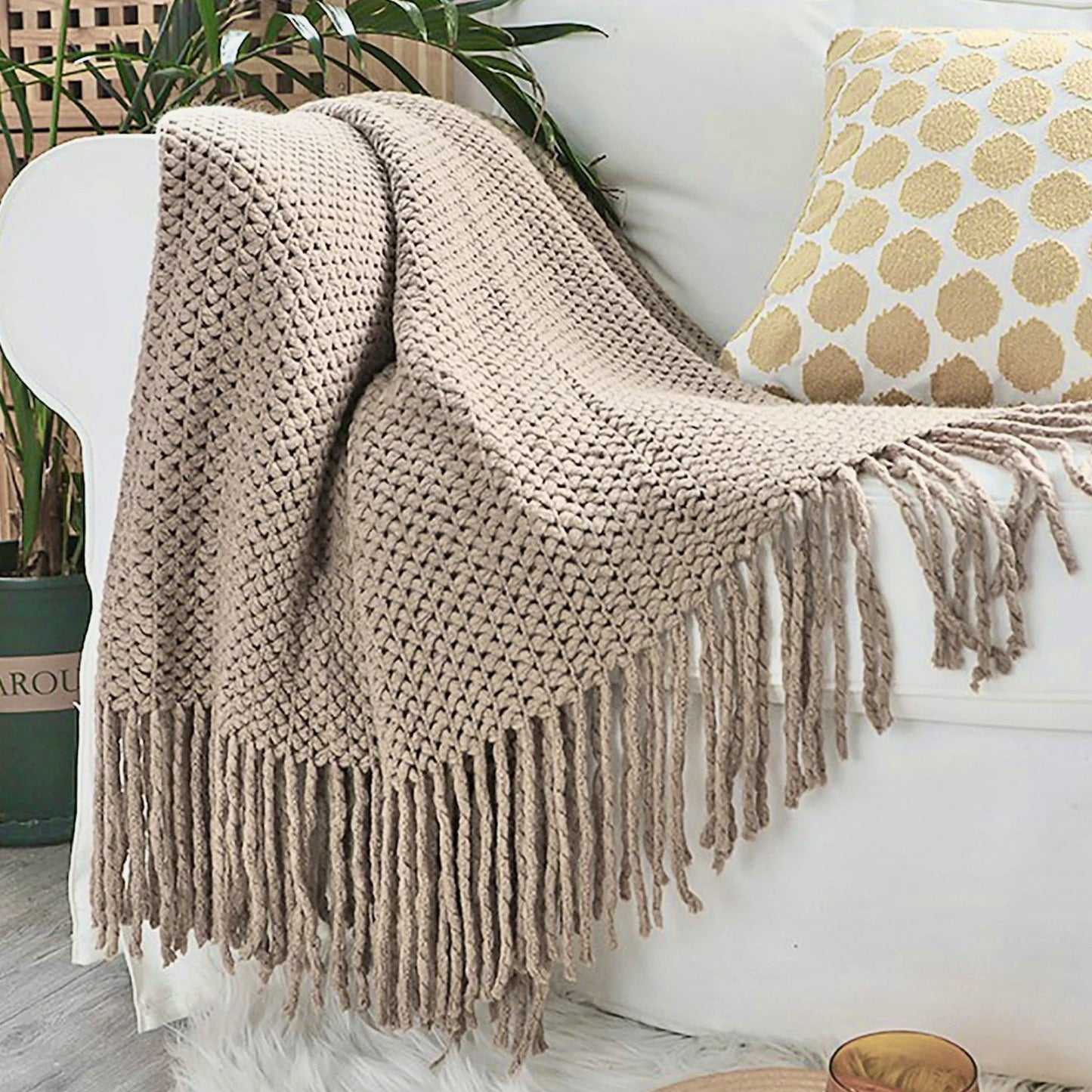 KNITTED MESH THROW KHAKI