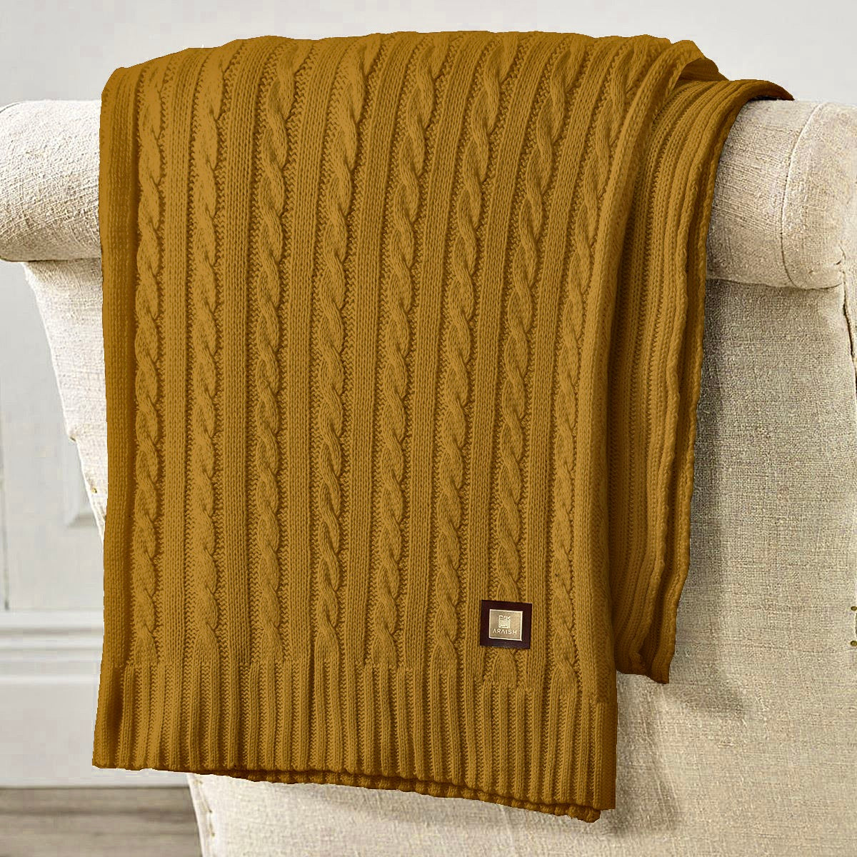 Cable Knit Throw Mustard
